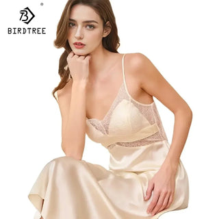 Birdtree, 100%Mulberry Silk, Satin Dresses For Women, With Pad Spaghetti Strap Pajama Dress, Sexy Evening Nightgown P49732QM